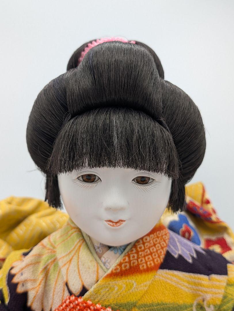市松人形 日本人形 結髪 黄色着物 ピンク髪飾り 約58cm 伝統工芸品