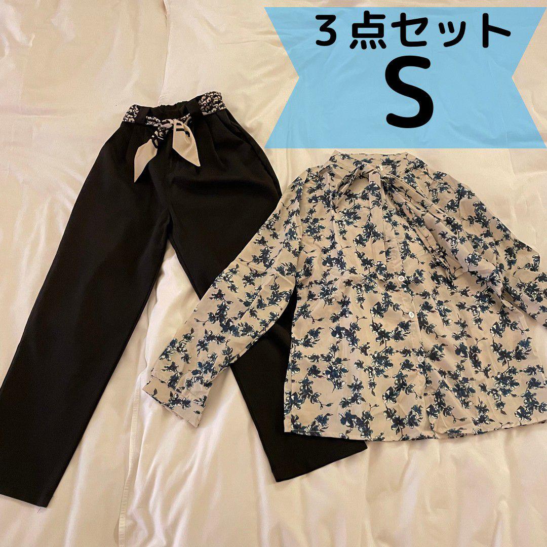 無料発送 綺麗め セットアップ S スカーフ パンツ 黒 トップス 長袖 カジュアル 秋冬 シャツ ブラウス 七分 長袖 Eca E Com