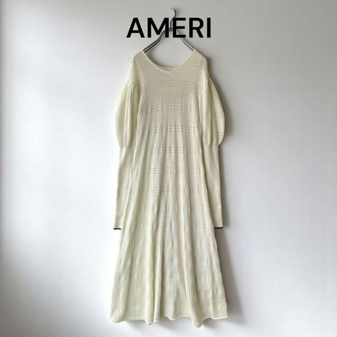 美品 AMERI アメリ オフホワイト リブ編み ロングワンピース