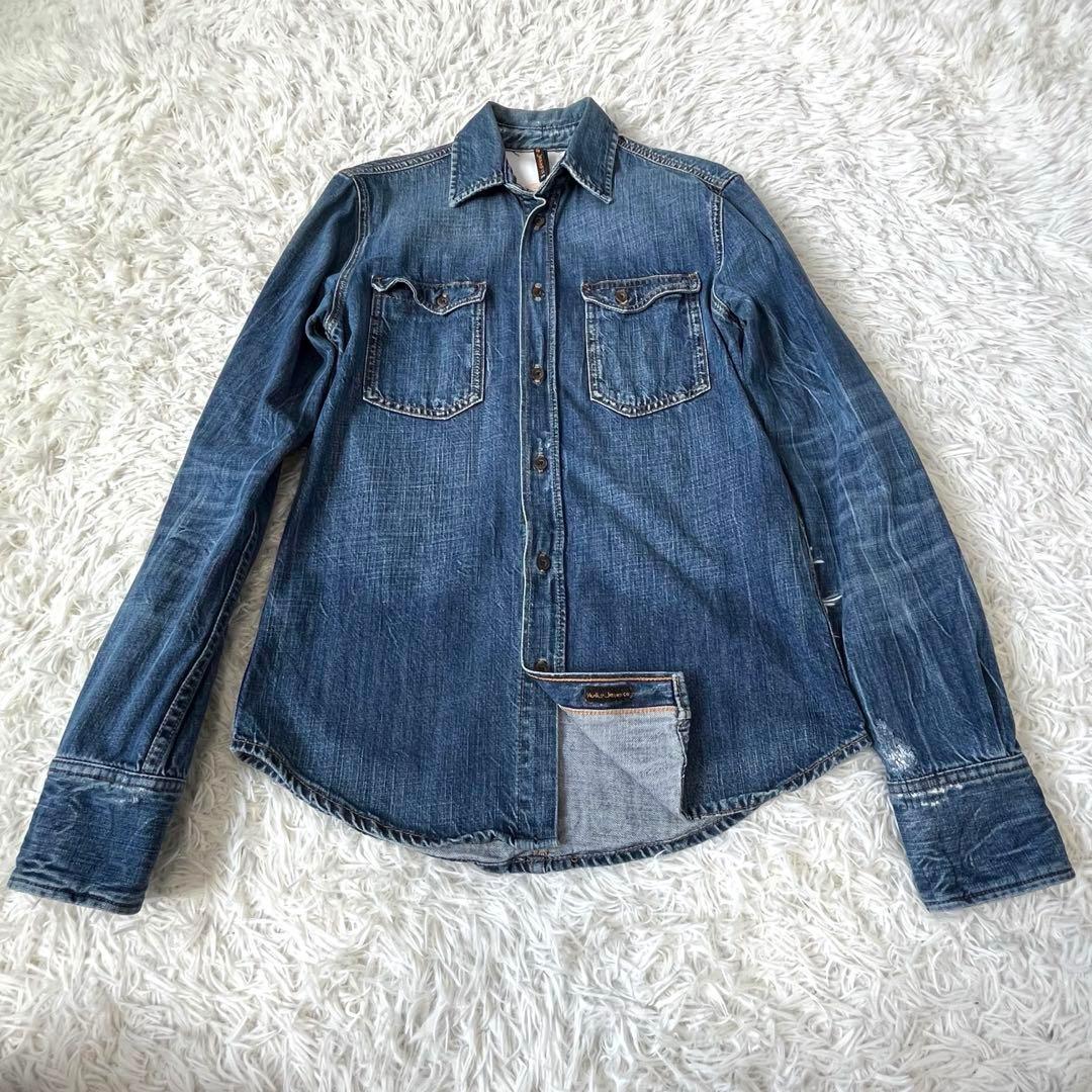 ヌーディージーンズ　厚手　デニム　シャツ　ダメージ加工