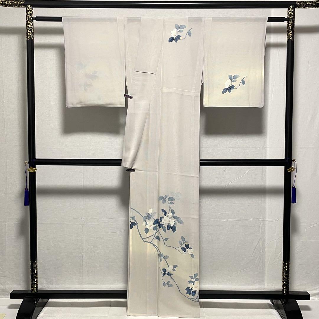 D135 夏着物　訪問着　友禅　花模様　薄グレー　絽　正絹　極美品