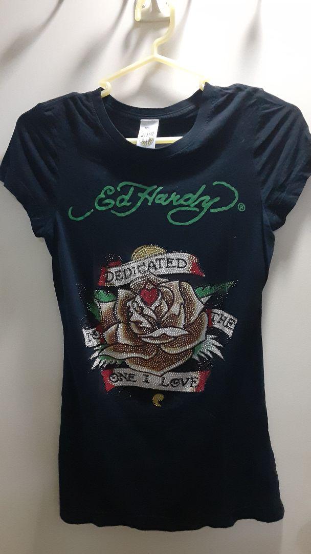 Ed Hardy バラ刺繍 Tシャツ XS ネイビー
