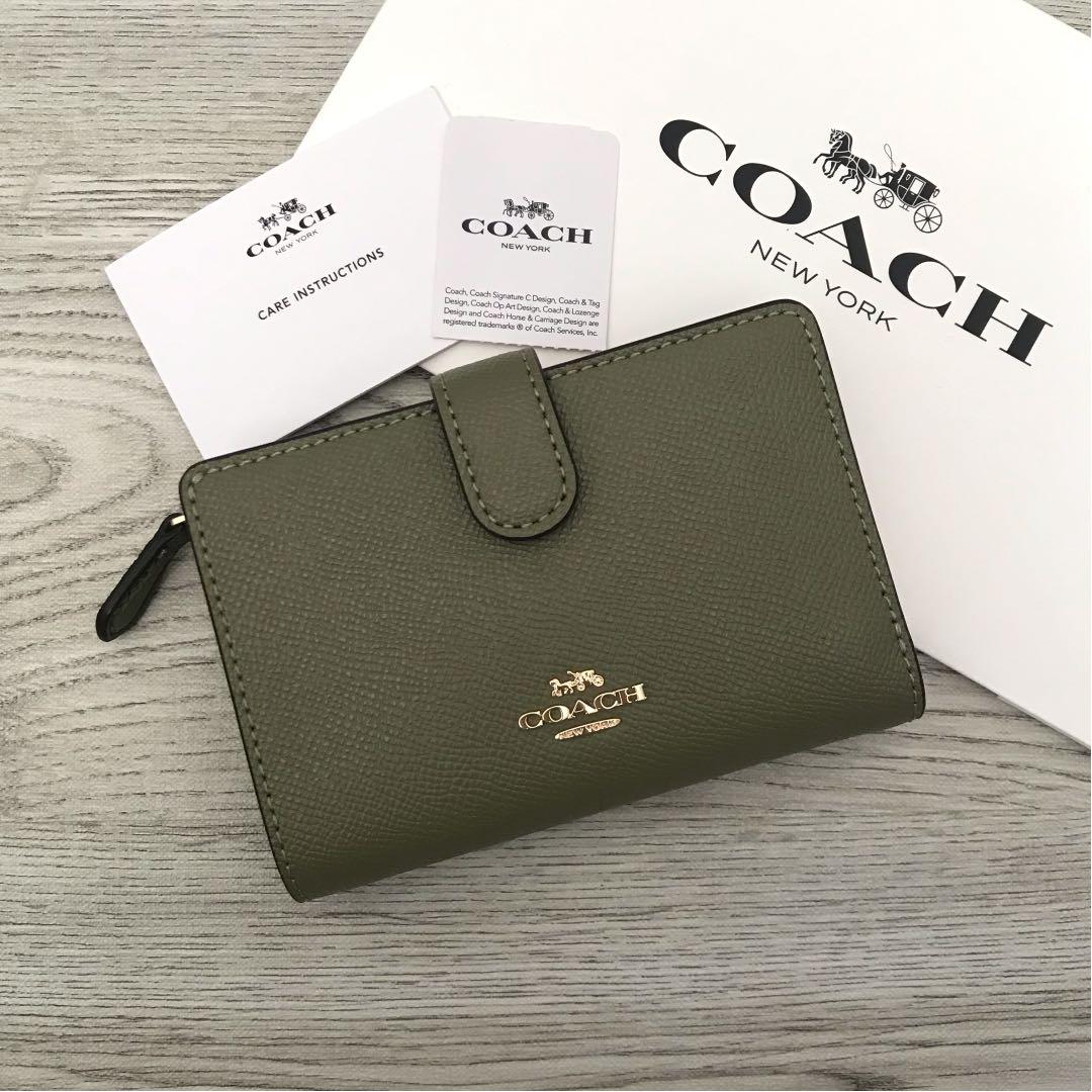 正式的 新品 Coach コーチ グリーン モスグリーン レザー 折り財布 折り財布 レディース 11 5 Www Dawajen Bh