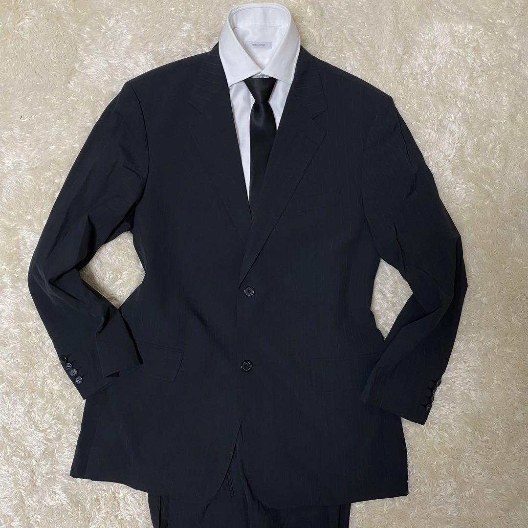 美品 ヒューゴボス スーツ ストライプ ウール チャコールグレー 52 2XL
