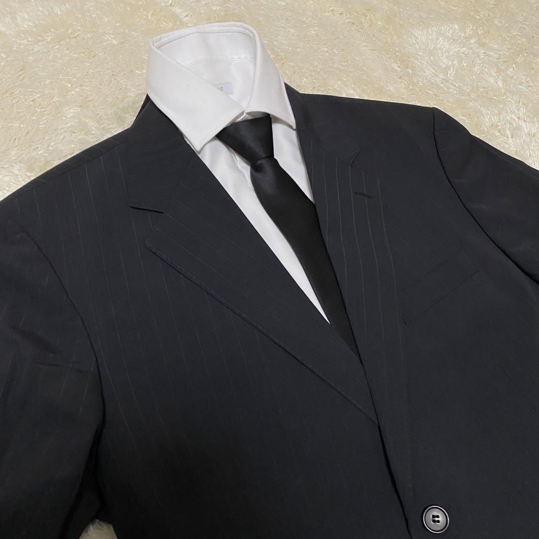 美品 ヒューゴボス スーツ ストライプ ウール チャコールグレー 52 2XL