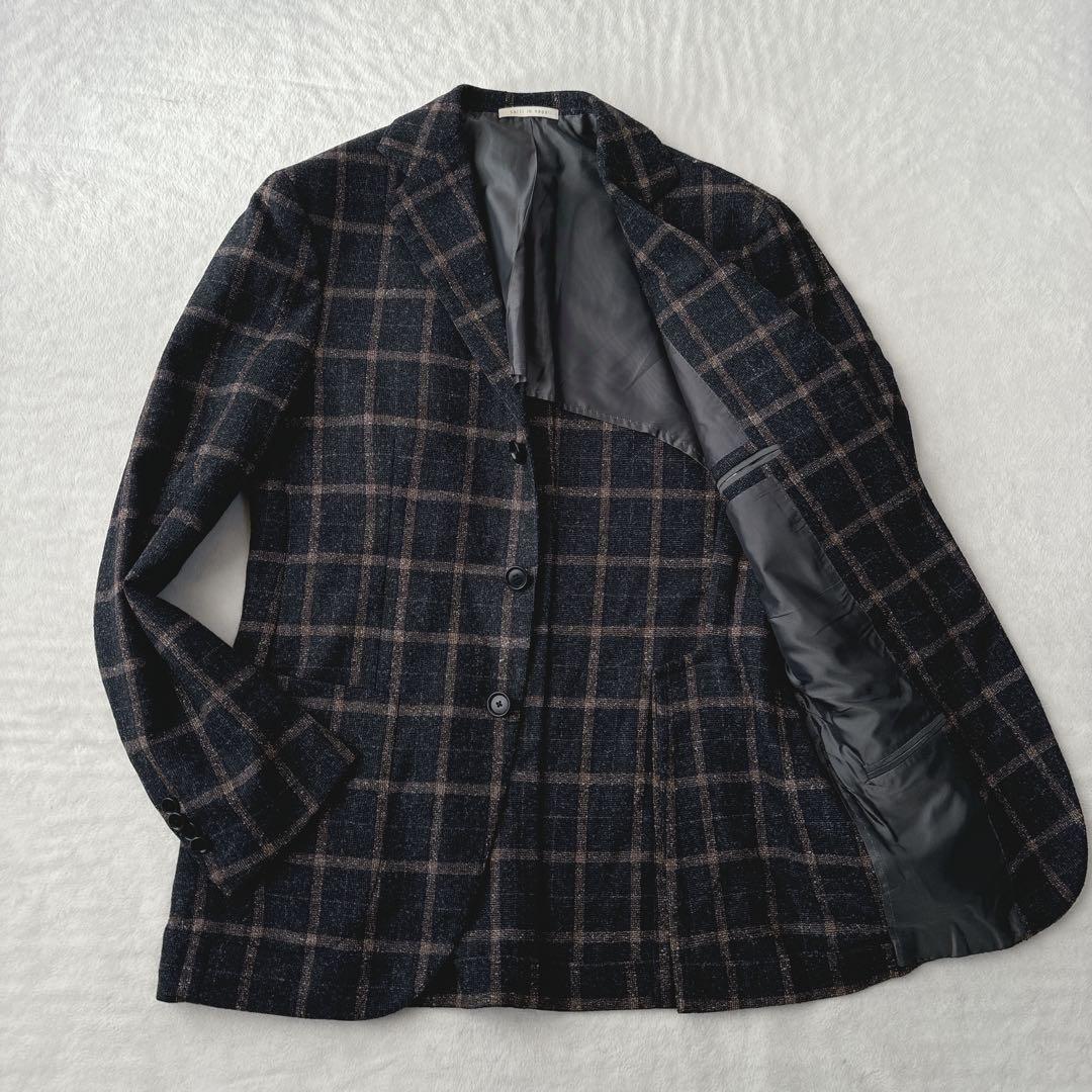 【美品】デペトリロ　テーラードジャケット　紳士服　チェック柄　シルク混　ブラウン