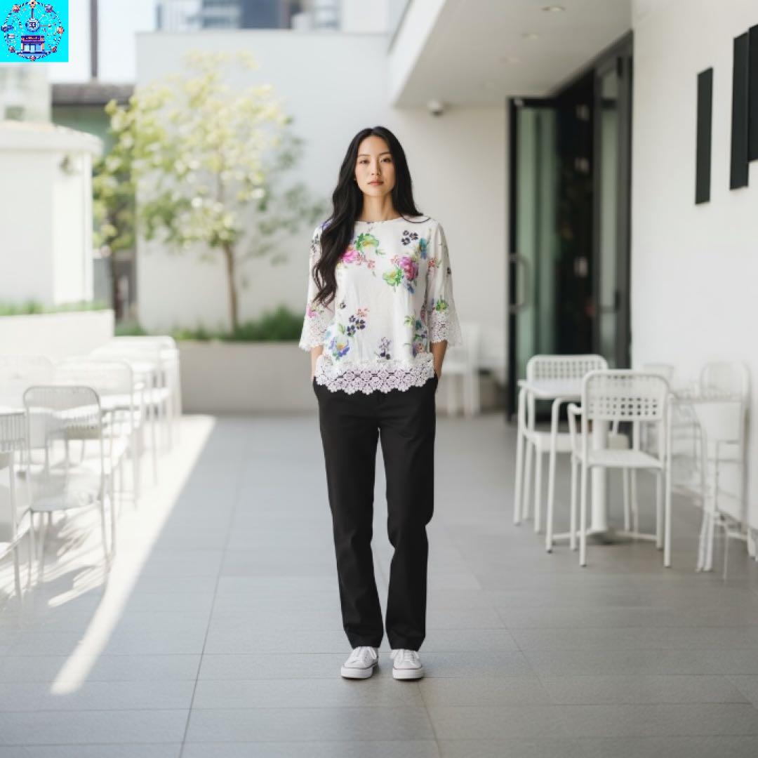 新品　タグ付き　ゆったり美シルエット　パステルカラー　レース編みＴシャツ　花柄