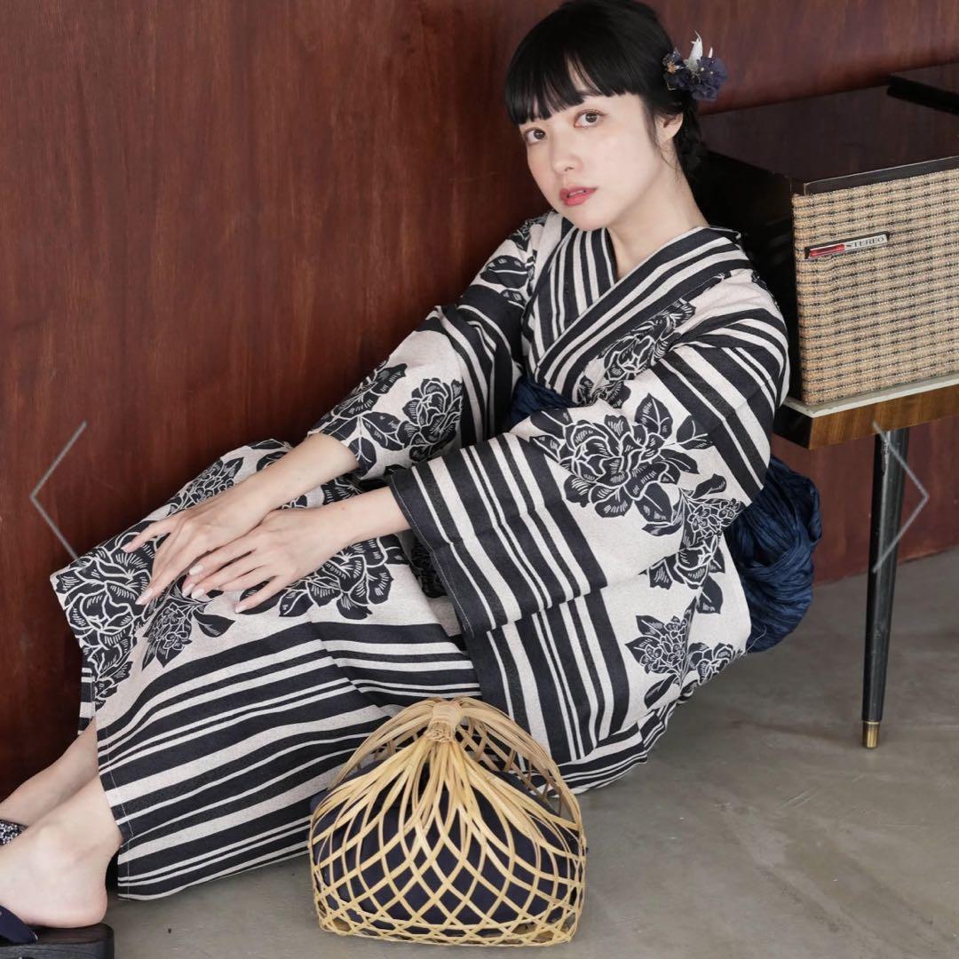 ニコアンティーク 高級変わり織 浴衣帯セット大正浪漫ブラック縞と牡丹の染分け