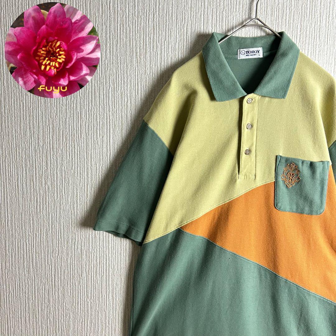 【メンズ】ポロシャツ　刺繍　胸ポケット　半袖　くすみカラー　緑　黄　オレンジ