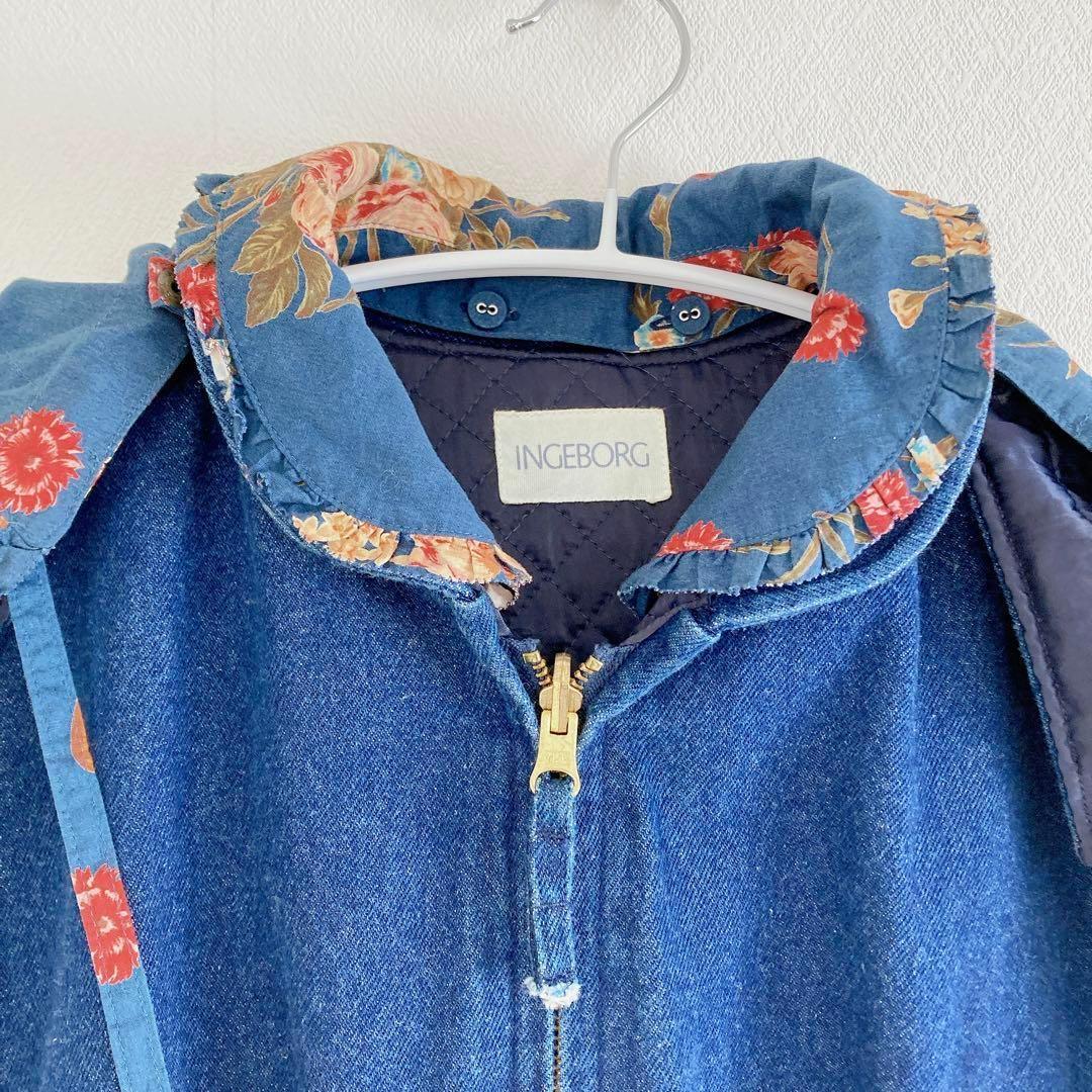 インゲボルグ　フリル フード付　デニム　ブルゾン　刺繍　花　F インゲボルグ フリル フード付 デニム ブルゾン 刺繍 花 F