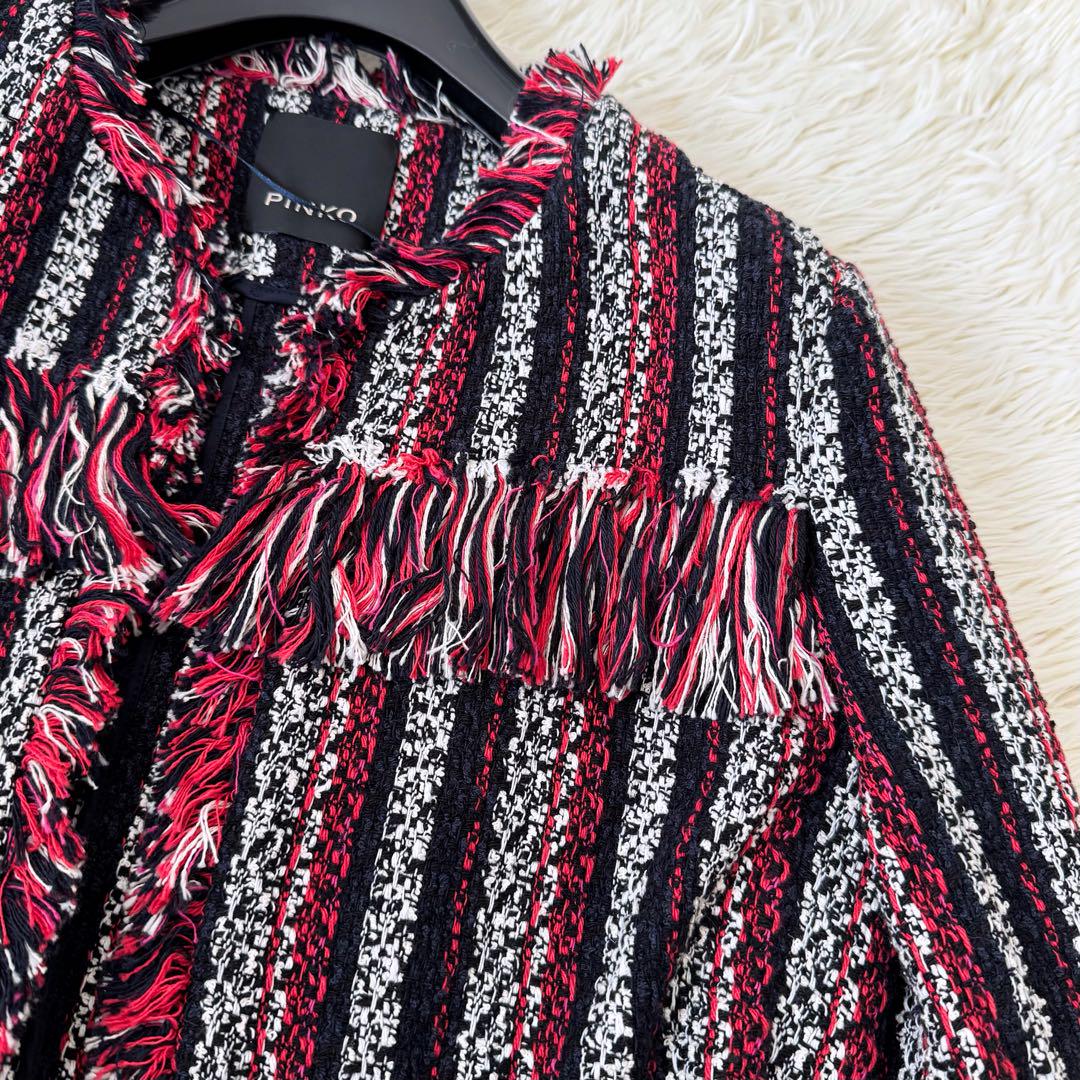 PINKO ニットツイード ストライプ ノーカラー ジャケット 40 フリンジ
