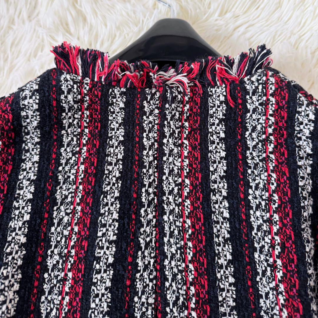 PINKO ニットツイード ストライプ ノーカラー ジャケット 40 フリンジ