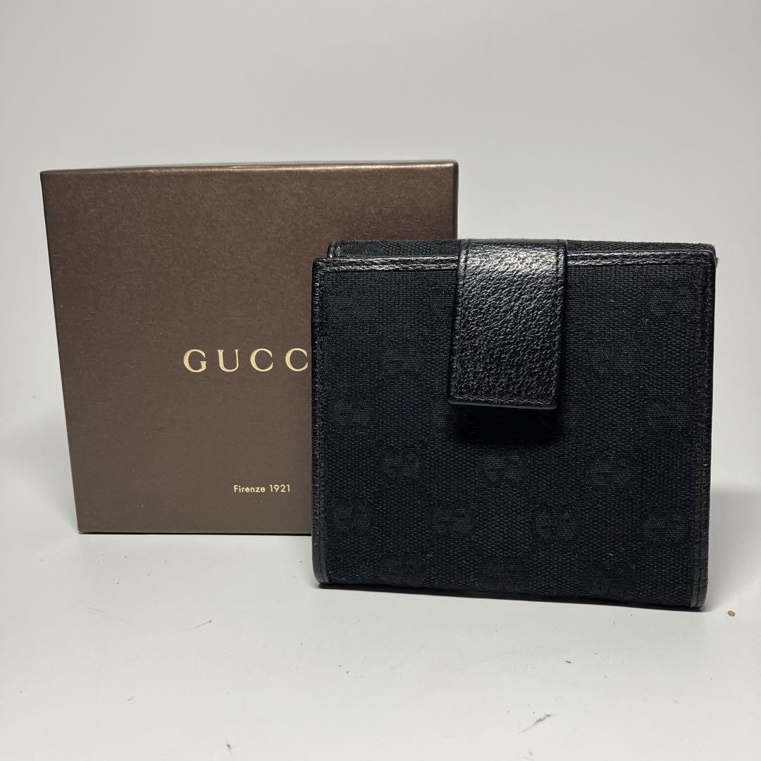 グッチ Wホック財布 二つ折り 財布 GG柄 ブラック キャンバス×レザー