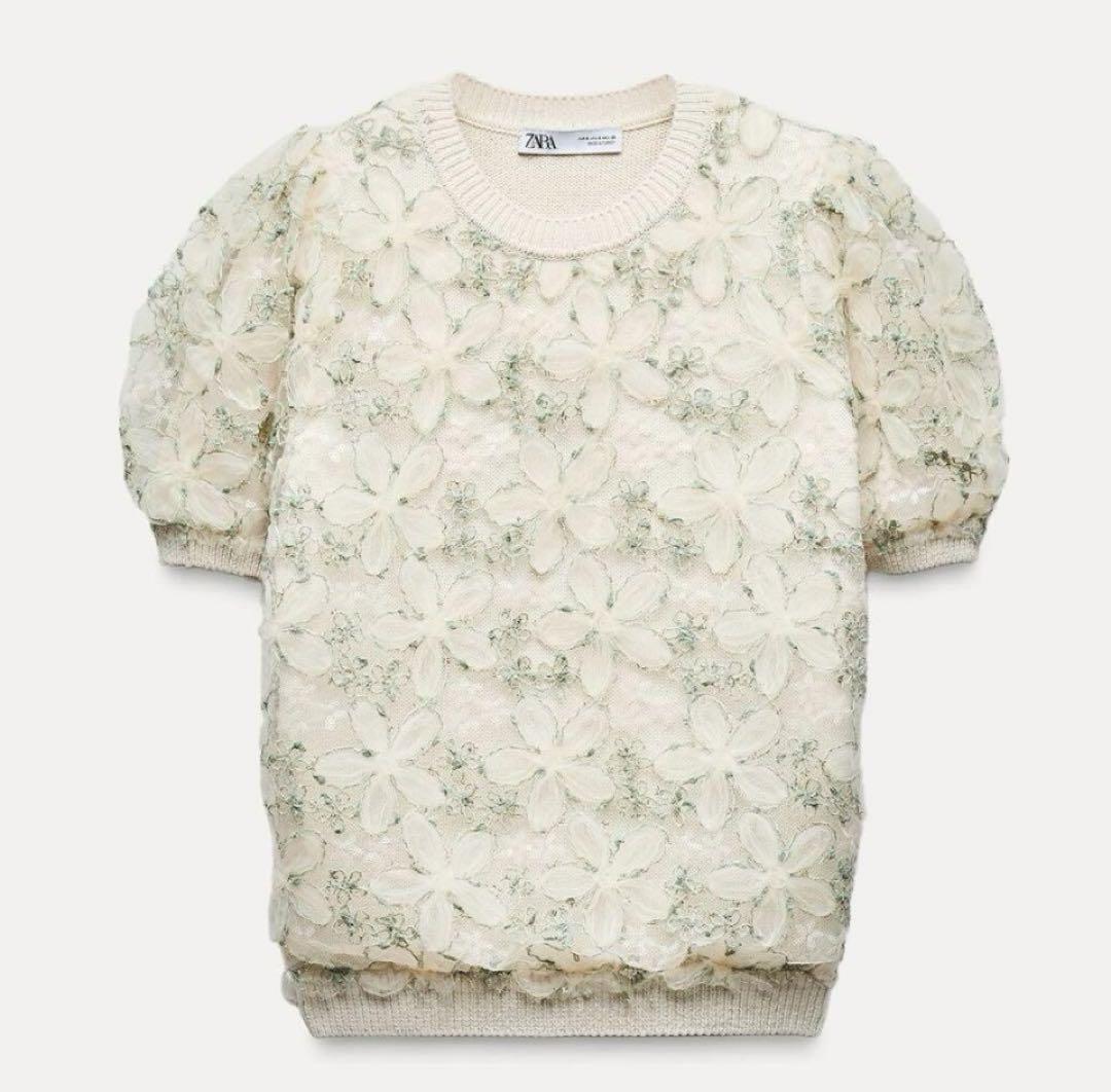 正規店仕入れの ZARA M スパンコール刺繍入り異素材ニットトップス 完売品 トップス