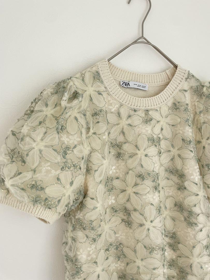 ZARA 完売品　スパンコール刺繍入り異素材ニットトップス　M 完売品！ZARA スパンコール刺繍入り異素材ニットトップス - メルカリ