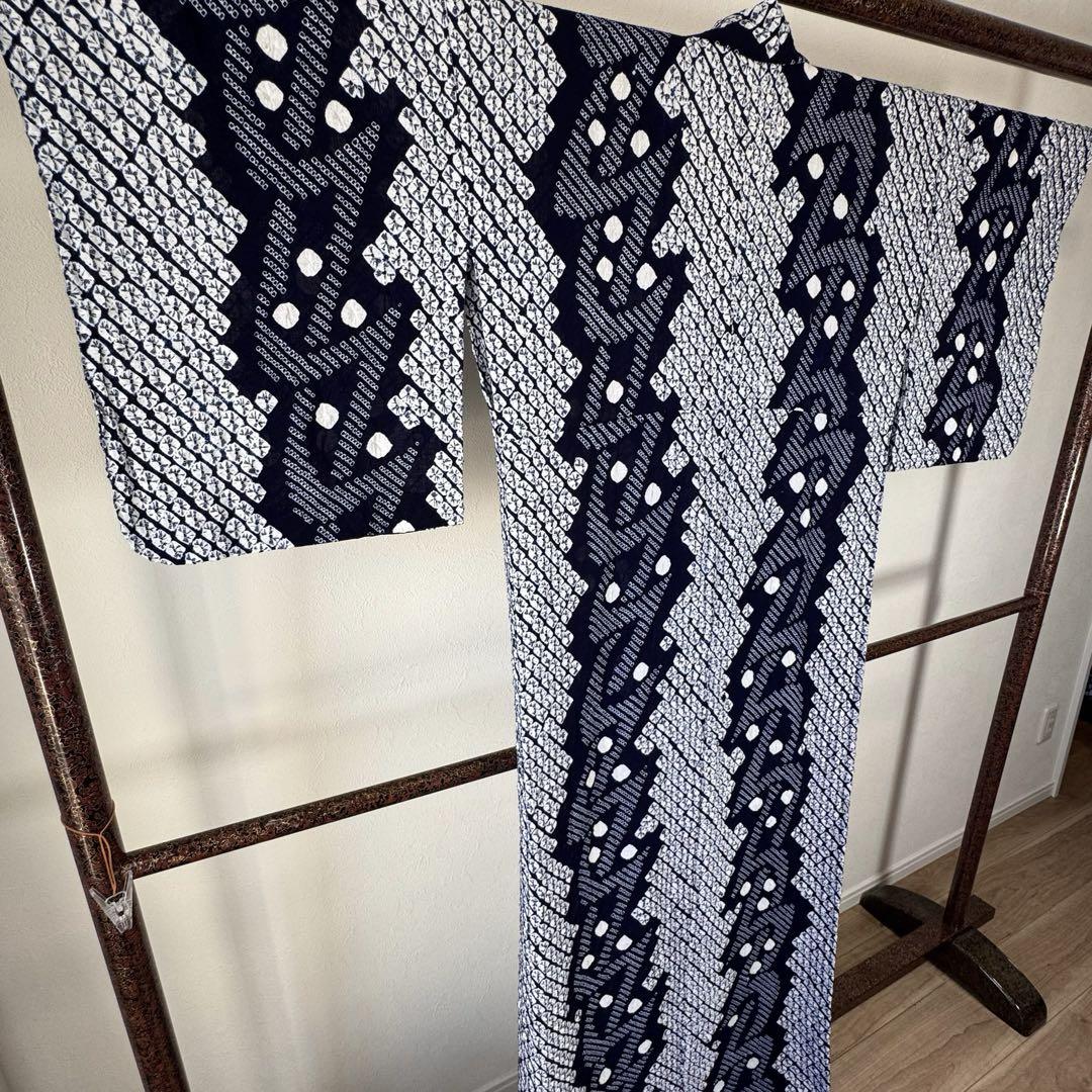 超美品　本染　有松絞り　総絞り　浴衣 着物　夏物　156㎝　単色　濃紺