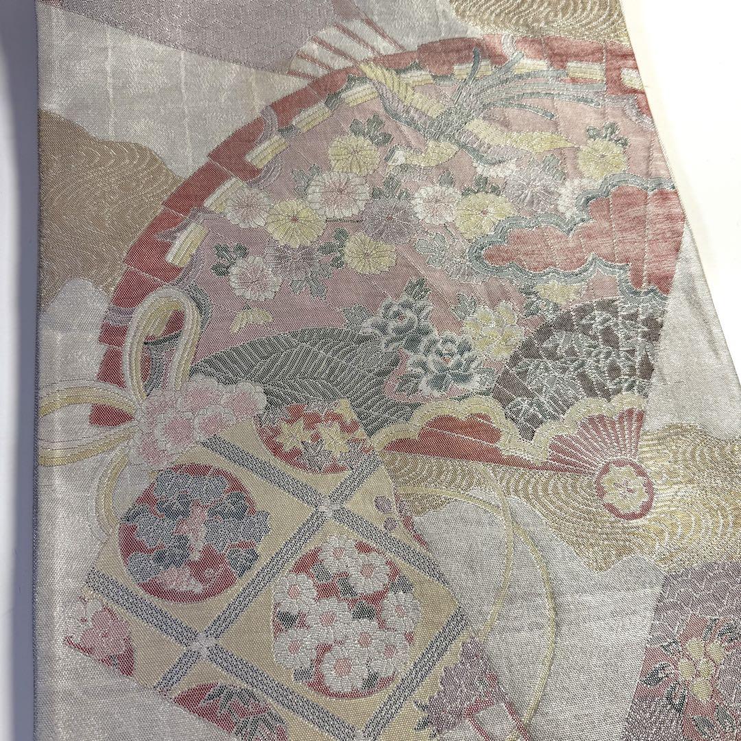 低価格 5k2000 袋帯 花柄 緑 赤 金色 銀色 扇子 900織特選佐賀錦 絹 着物・浴衣