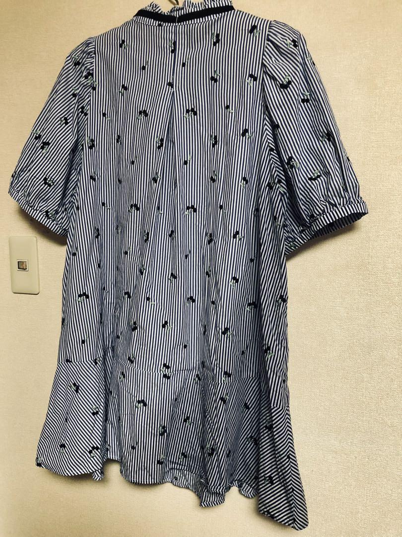 美品【ローズティアラ】大きいサイズ46 ストライプチェリー柄チュニックブラウス