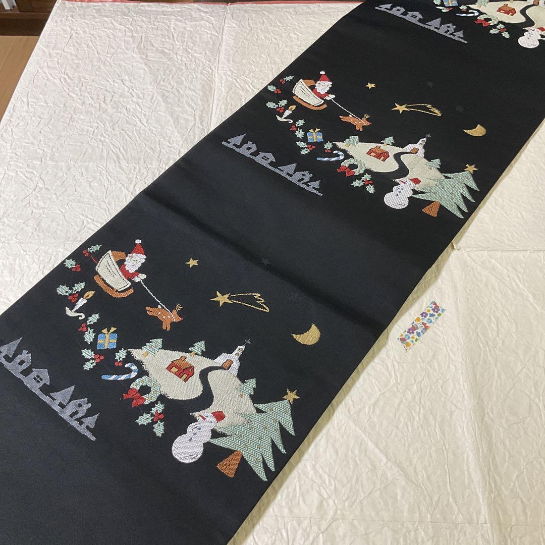 袋帯　九寸　六通　黒　クリスマス　サンタ　トナカイ