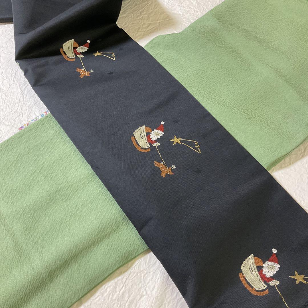 袋帯　九寸　六通　黒　クリスマス　サンタ　トナカイ