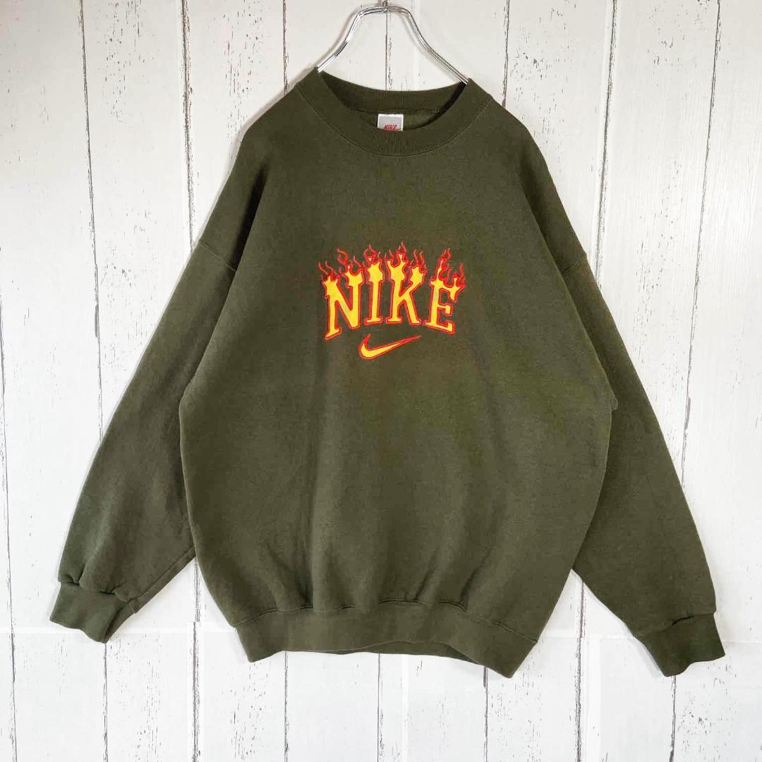 NIKE ファイヤーパターン 刺繍ロゴ スウェット USA製 古着 XL 緑