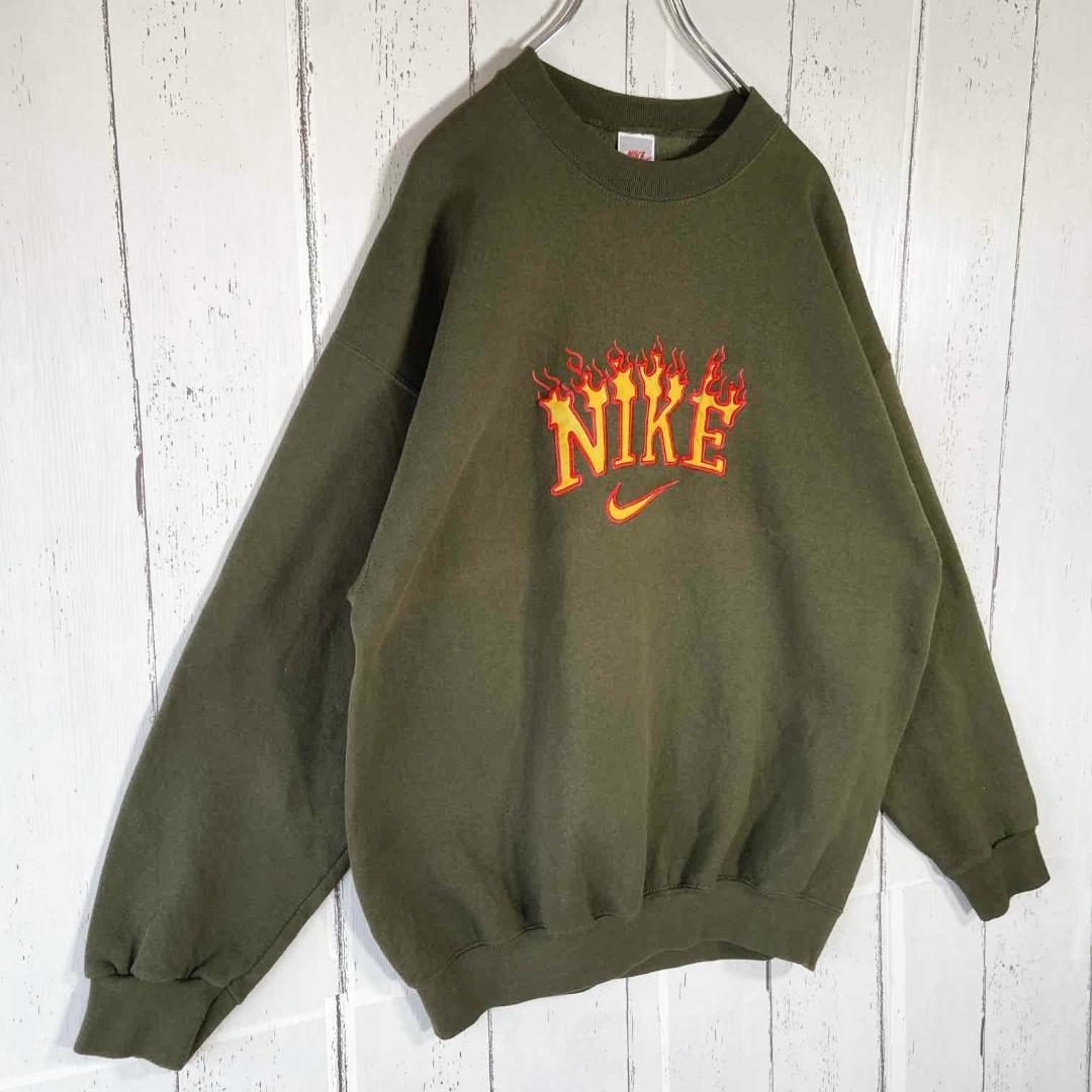 NIKE ファイヤーパターン 刺繍ロゴ スウェット USA製 古着 XL 緑
