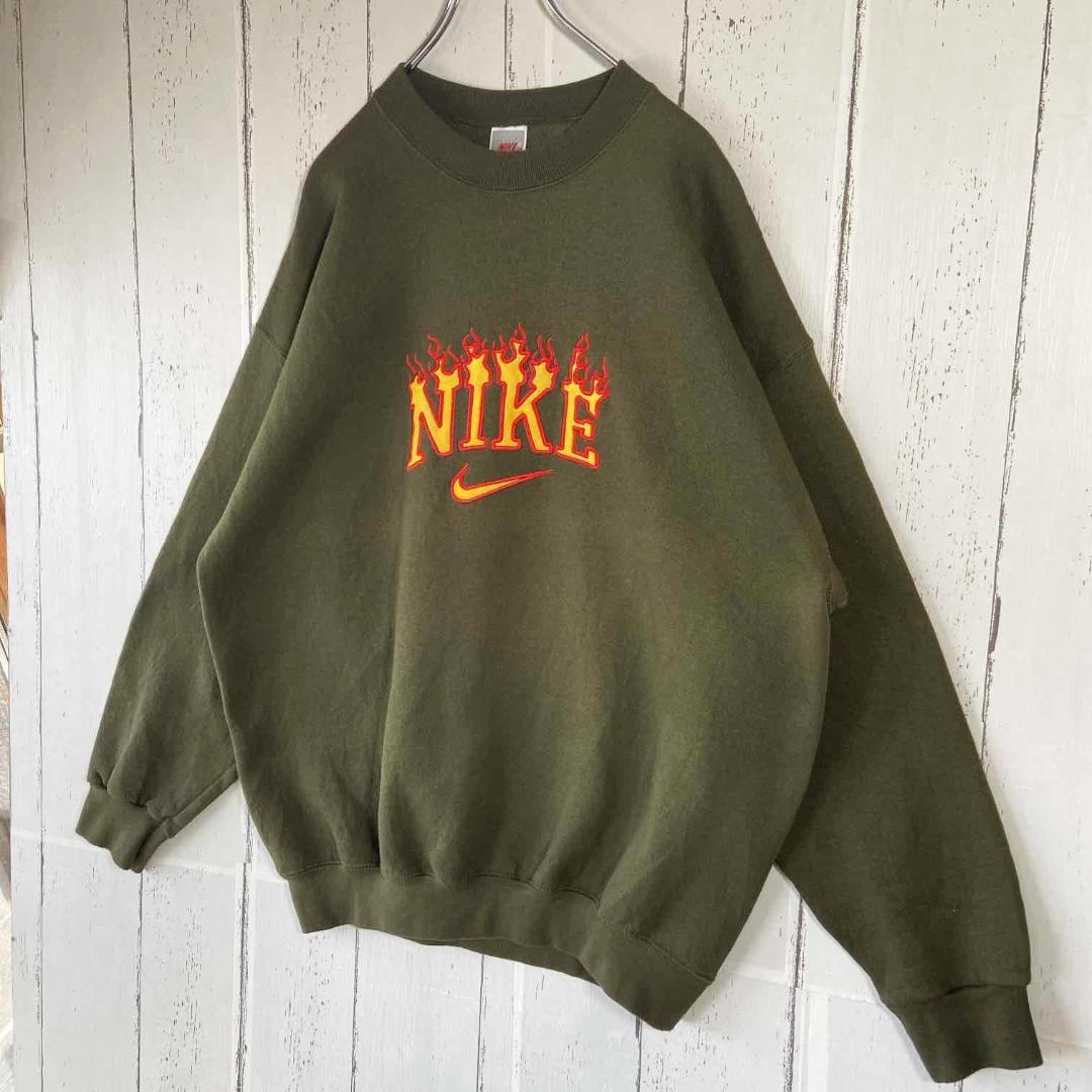 NIKE ファイヤーパターン 刺繍ロゴ スウェット USA製 古着 XL 緑