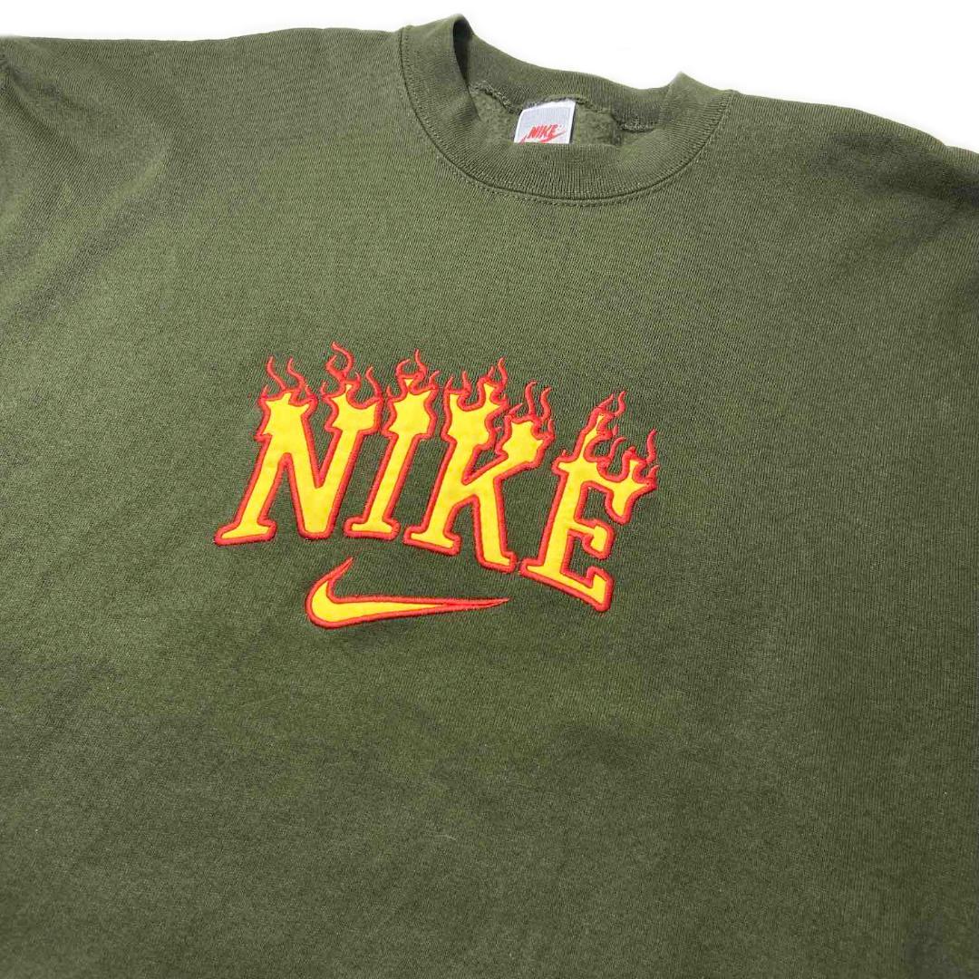 NIKE ファイヤーパターン 刺繍ロゴ スウェット USA製 古着 XL 緑
