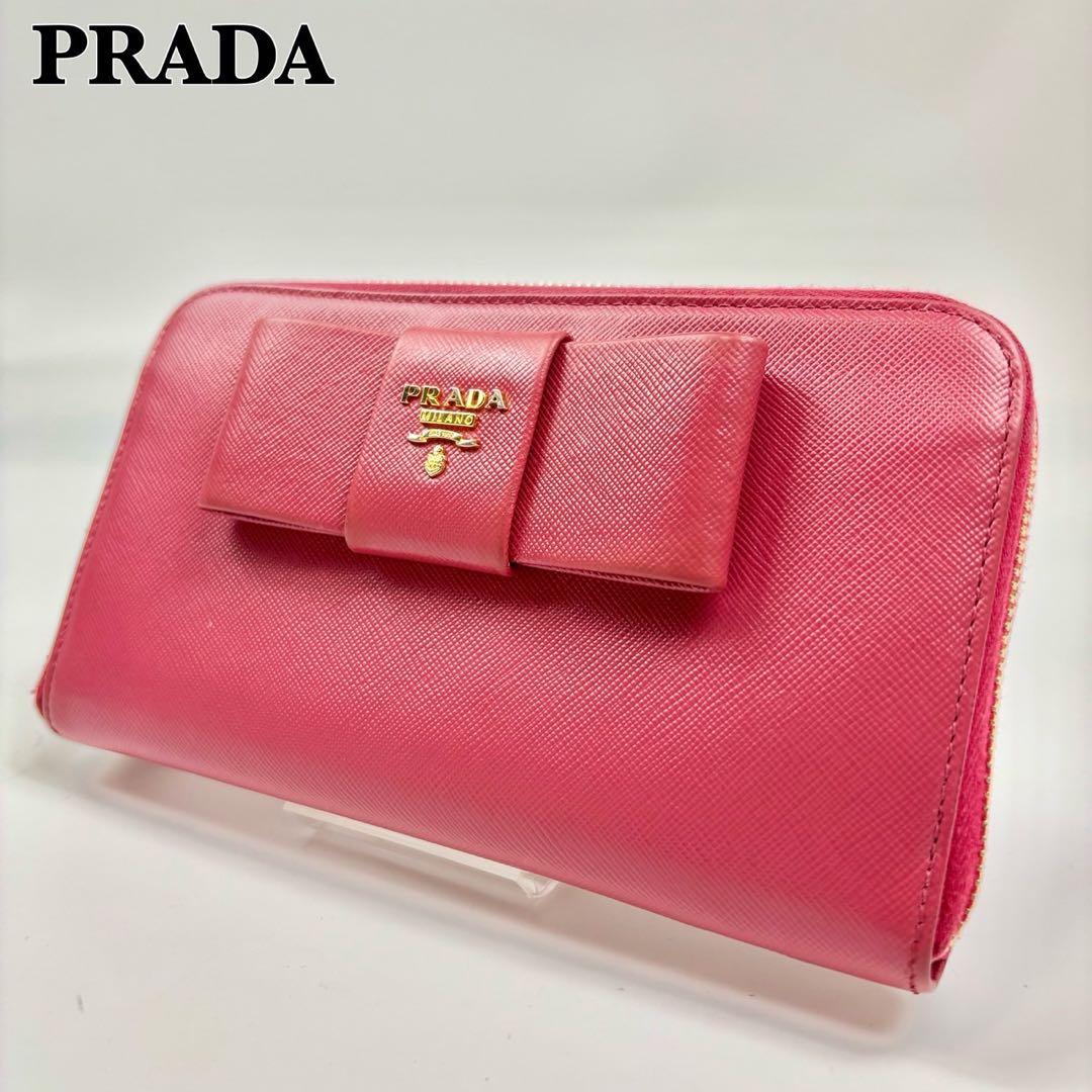 PRADA プラダ　ラウンドファスナー　サフィアーノ　リボン　ピンク