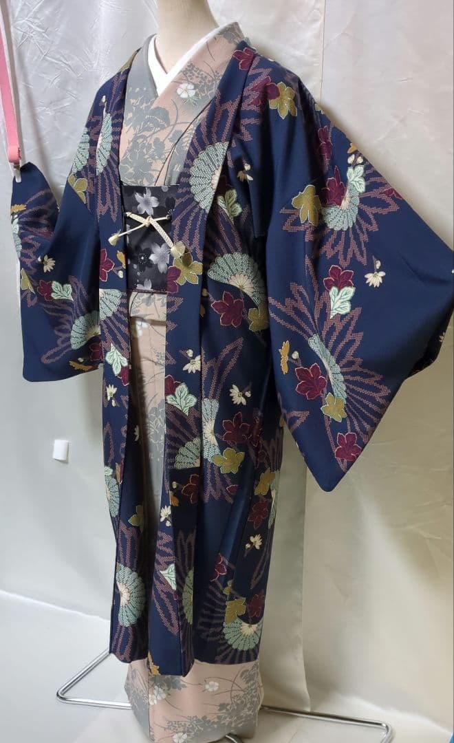 長羽織 羽織紐付き 京六角 濃紺色 植物柄