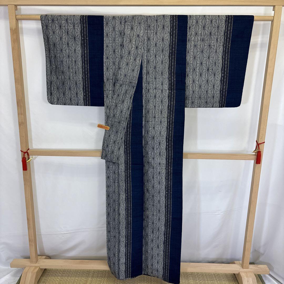 k-3841 小千谷紬 縞に麻の葉模様 正絹 袷 着物 - 着物安い