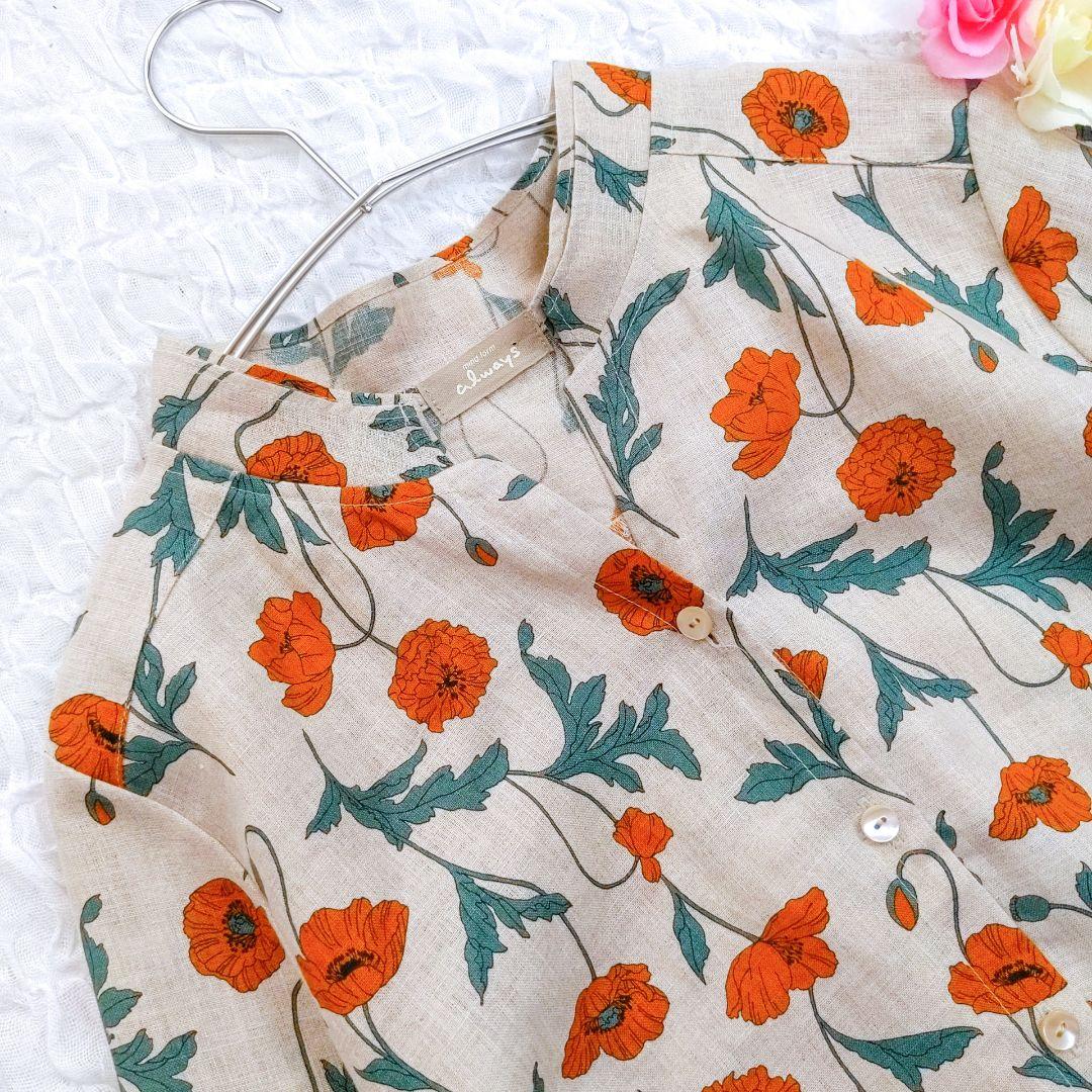 【美品】オルウェイズ　リネン100%チュニックワンピース　百貨店　花柄 美品】オルウェイズ リネン100%チュニックワンピース 百貨店 花