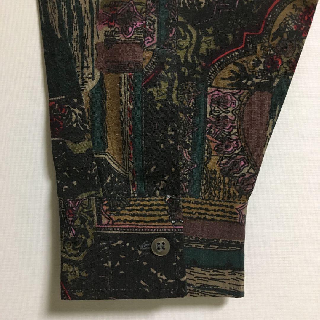 90s 古着 タペストリーアート 総柄 デザインシャツ 長袖メンズ レトロ 緑