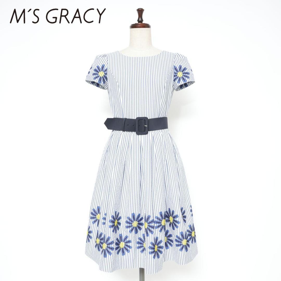 M'S GRACY フラワー ストライプワンピース 青 サイズ36*BD575