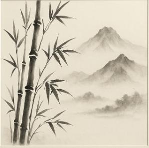 「墨竹山水 絹紙額装アート」