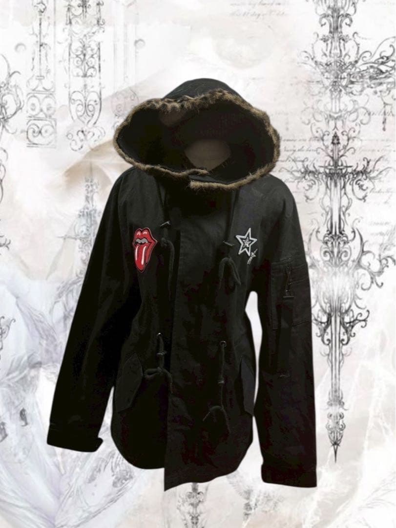 y2kローリングストーンズ ワッペン豹柄ファー黒モッズ平成ギャル星ビジューパンクL Archive