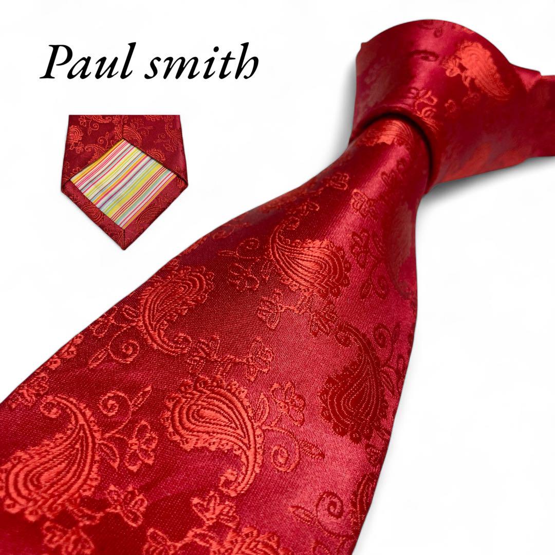 未使用級　PaulSmith ポールスミス　ネクタイ　レッド　ペイズリー　光沢感