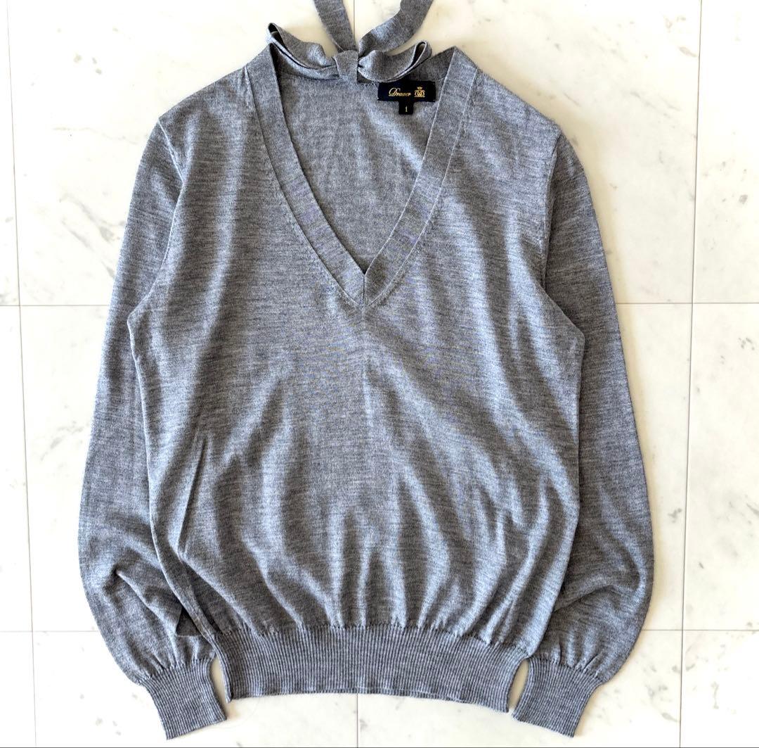 定番人気 ドゥロワーカシミヤシルク 18G Vネックバックリボンニット グレー系M・Drawer