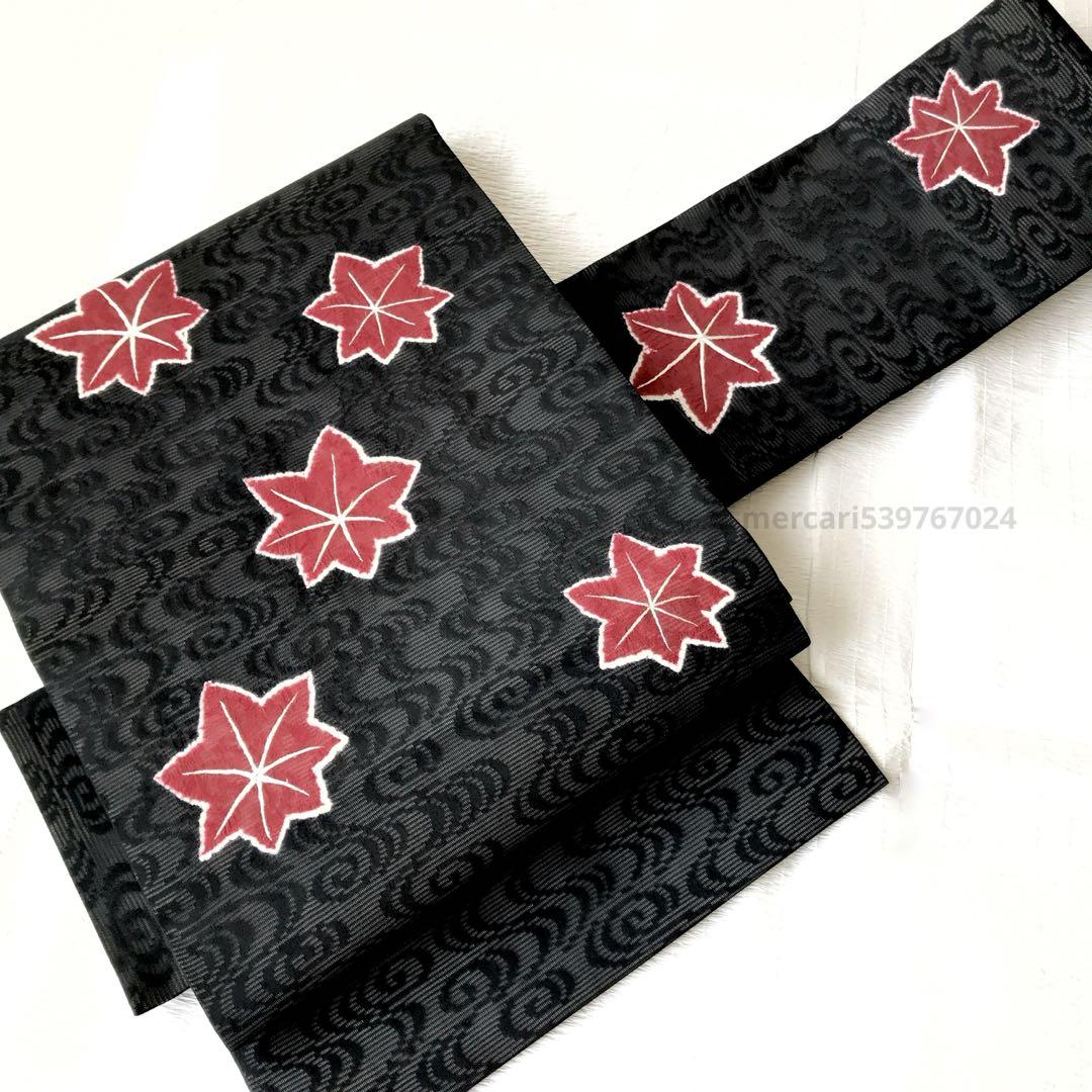 京都 おか善 夏帯 二部式 付け帯 作り帯（絽 黒 輪出し 絞り 紅葉 刺繍）着物・浴衣