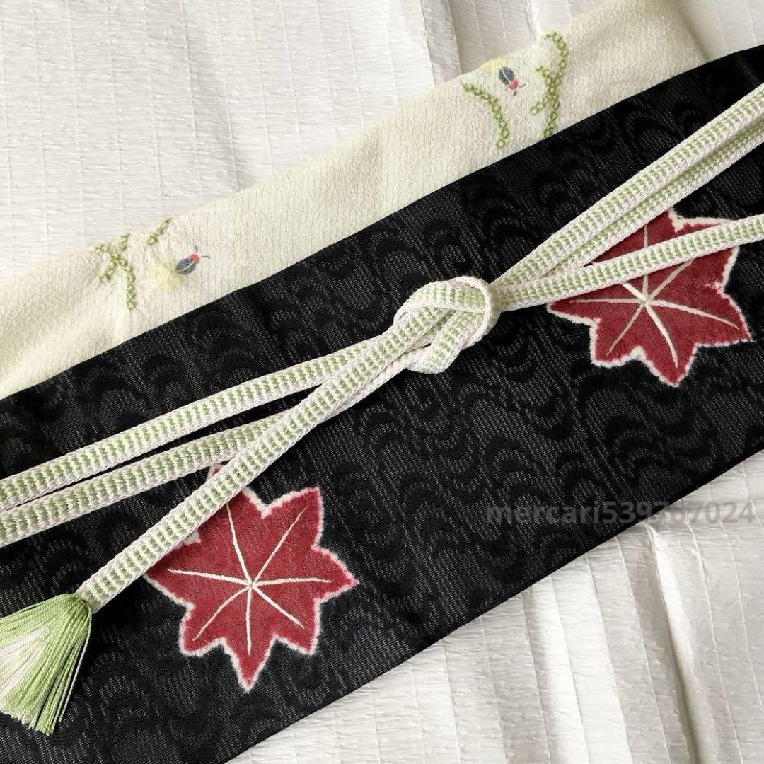 京都 おか善 夏帯 二部式 付け帯 作り帯（絽 黒 輪出し 絞り 紅葉 刺繍）