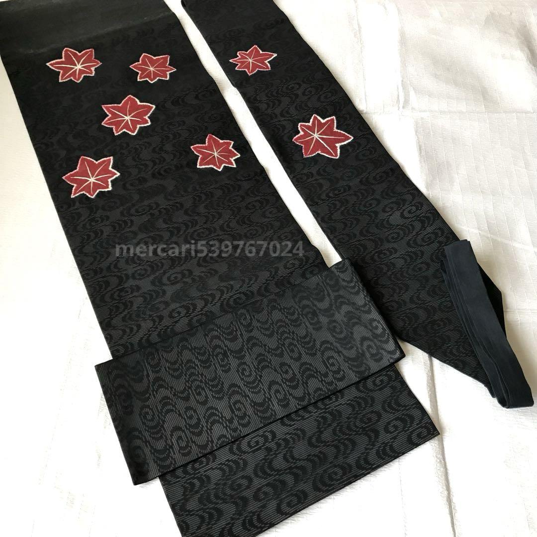 京都 おか善 夏帯 二部式 付け帯 作り帯（絽 黒 輪出し 絞り 紅葉 刺繍）