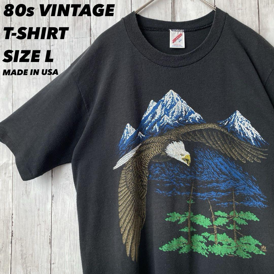 80sヴィンテージUSA製古着 アニマルプリントイーグルプリントTシャツ　L 黒