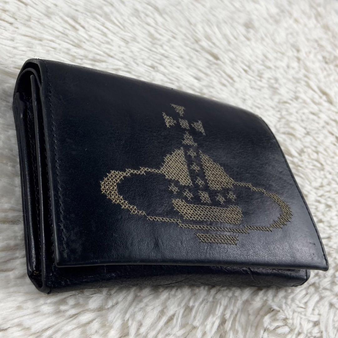 極美品　ヴィヴィアンウエストウッド　折り財布　レザー　金オーブ　ブラック　黒 良品 ヴィヴィアンウエストウッド 折り財布 レザー 金オーブ