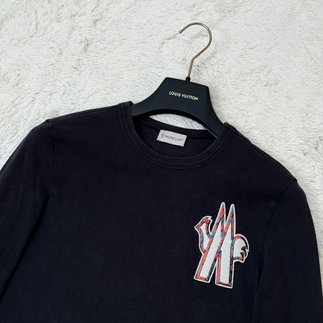 美品☆MONCLER☆モンクレール☆ポロシャツ☆黒☆ストライプ☆S☆ワッペン モンクレール ポロシャツ 黒 ラバーワッペン Sサイズ