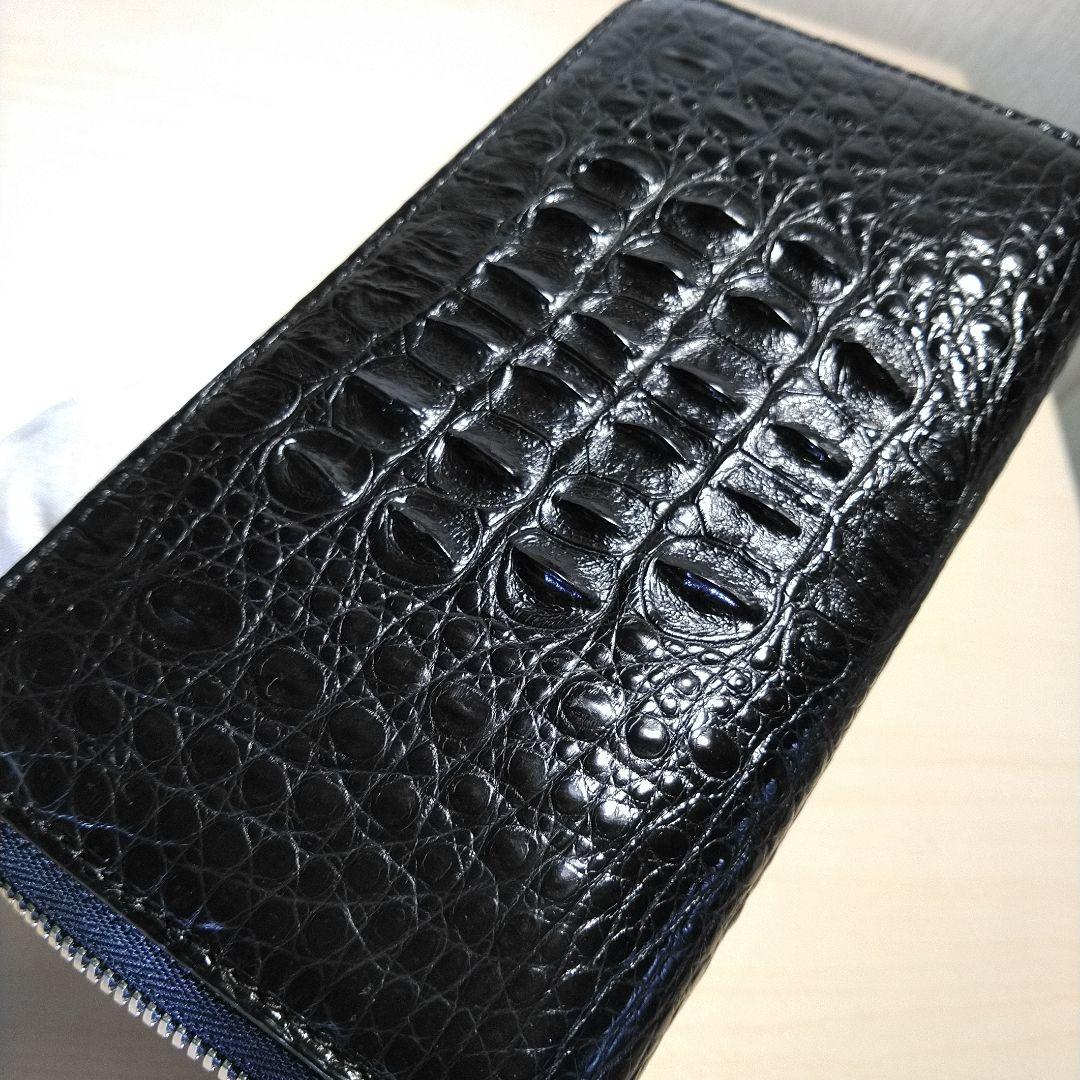 クロコダイル 王冠 センター取り一枚革 R.F長財布 黒光&薄墨 069996W