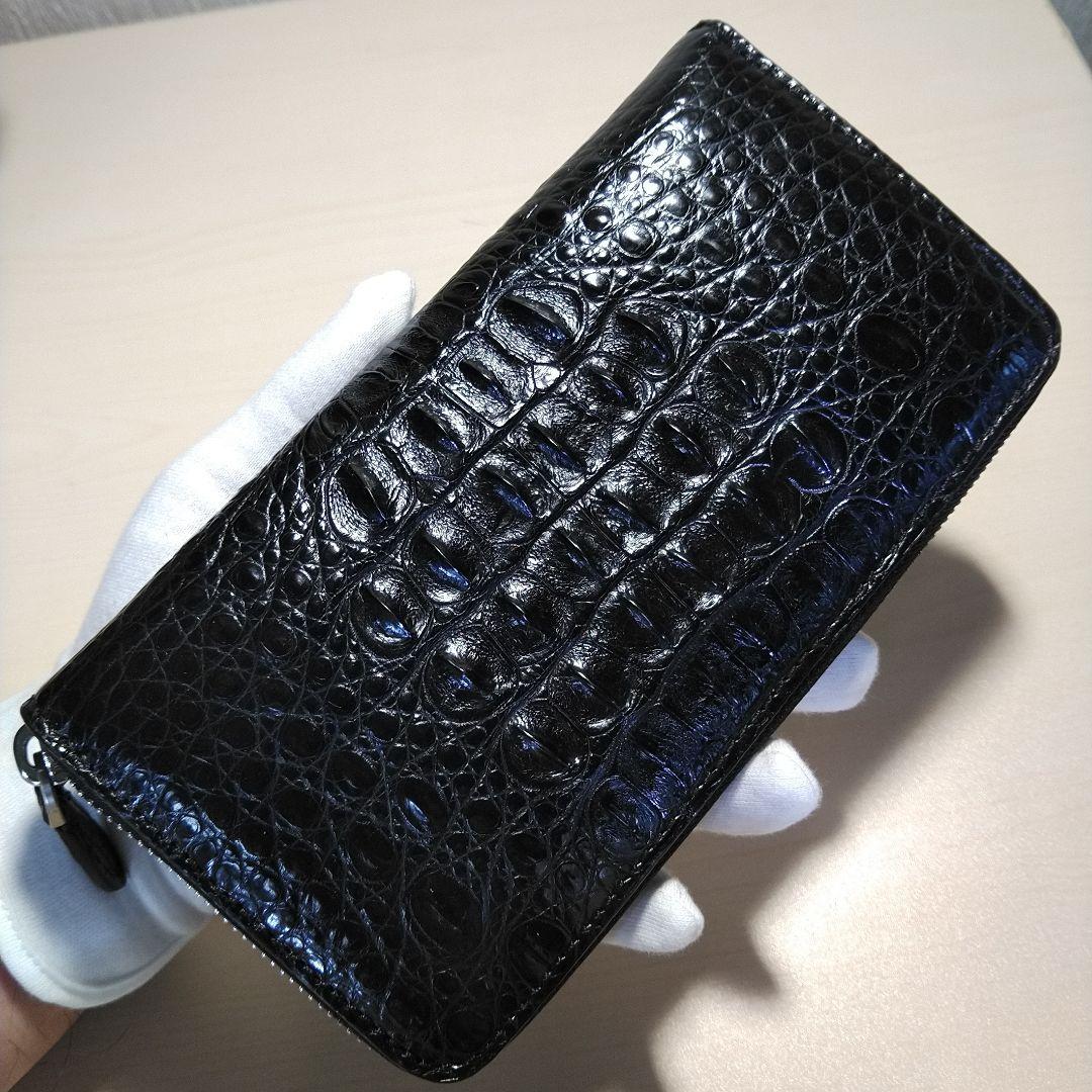 クロコダイル 王冠 センター取り一枚革 R.F長財布 黒光&薄墨 069996W