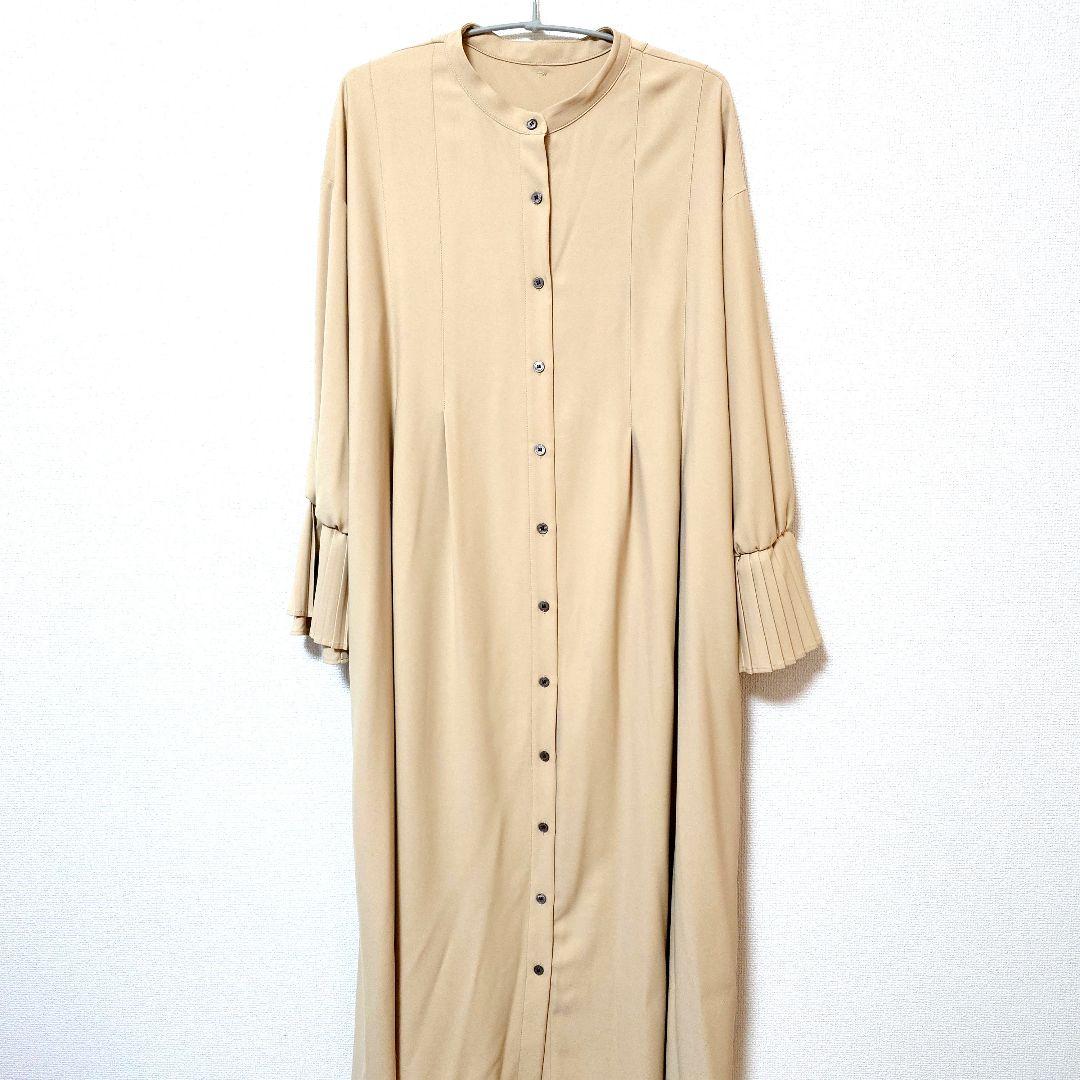 クールカレアン ベージュ プリーツ付き長袖シャツワンピース