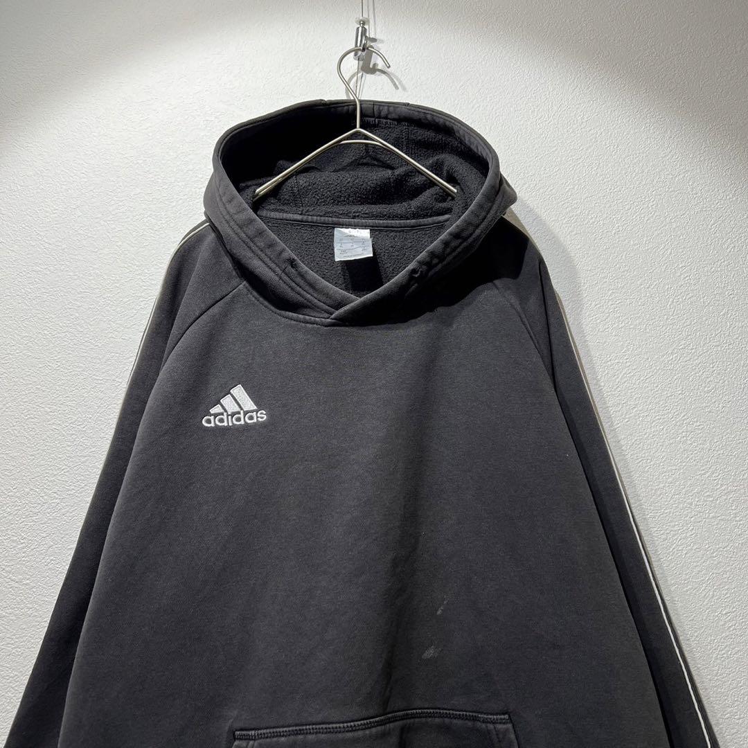 【US規格】希少 adidas ワンポイント ロゴ刺繍 ラインパーカー 黒 XL