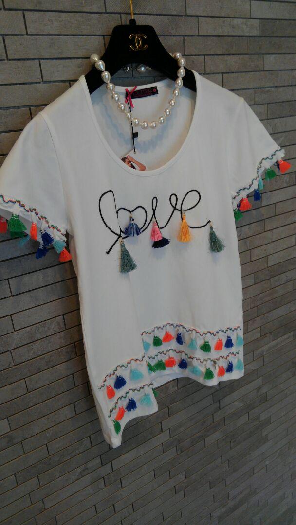 フリンジ＆刺繍が可愛い　艶々スペイン製のＴシャツ　未使用美品 金魚刺繍半袖Tシャツ 絡繰魂 202086 和柄 和風 きんとと