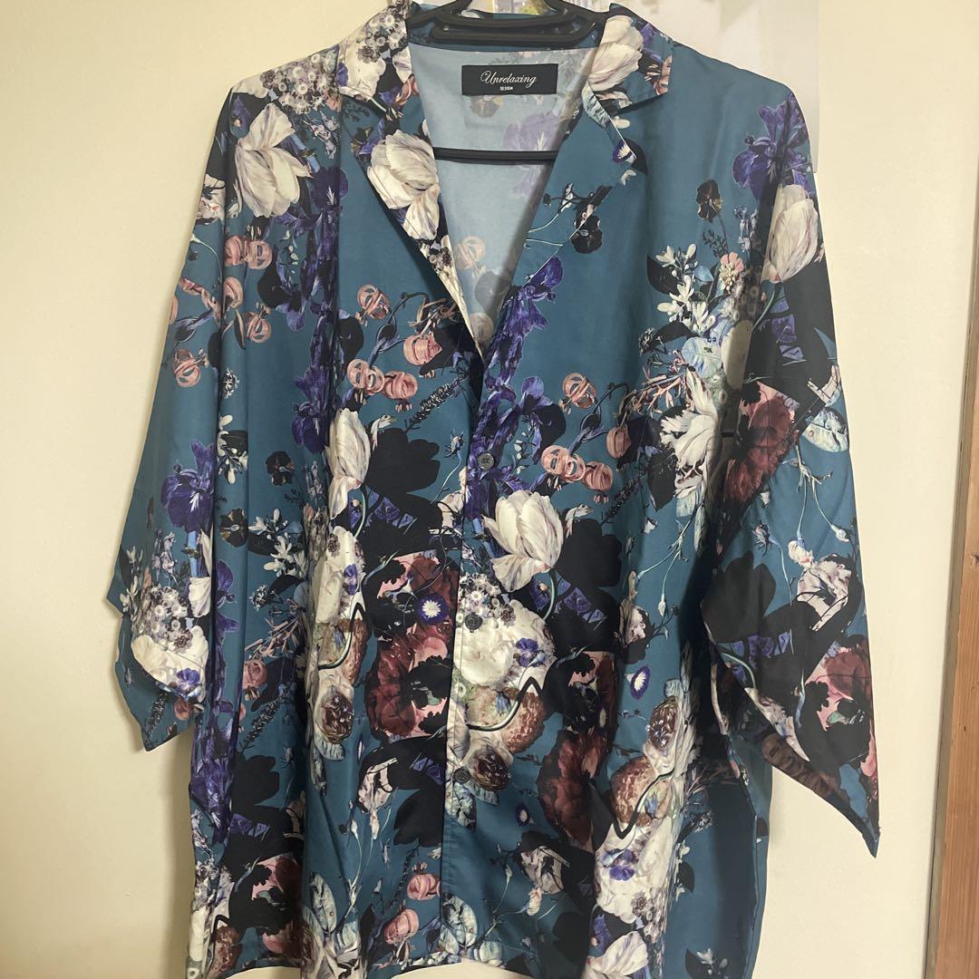青色 花柄 アロハシャツ 半袖